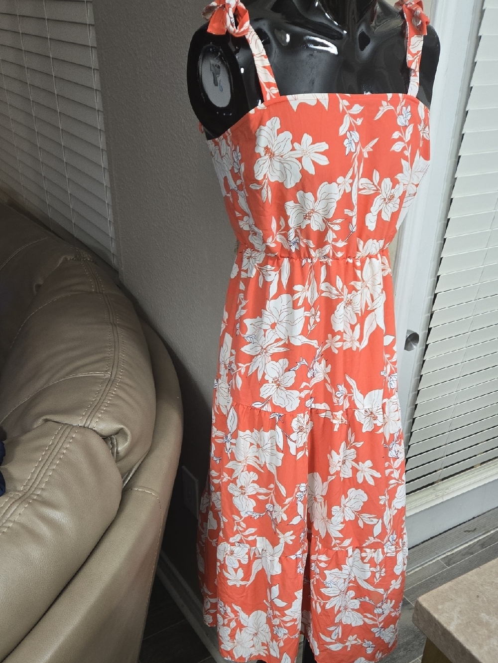 Women's Coral Floral Midi Sundress with Tie Straps